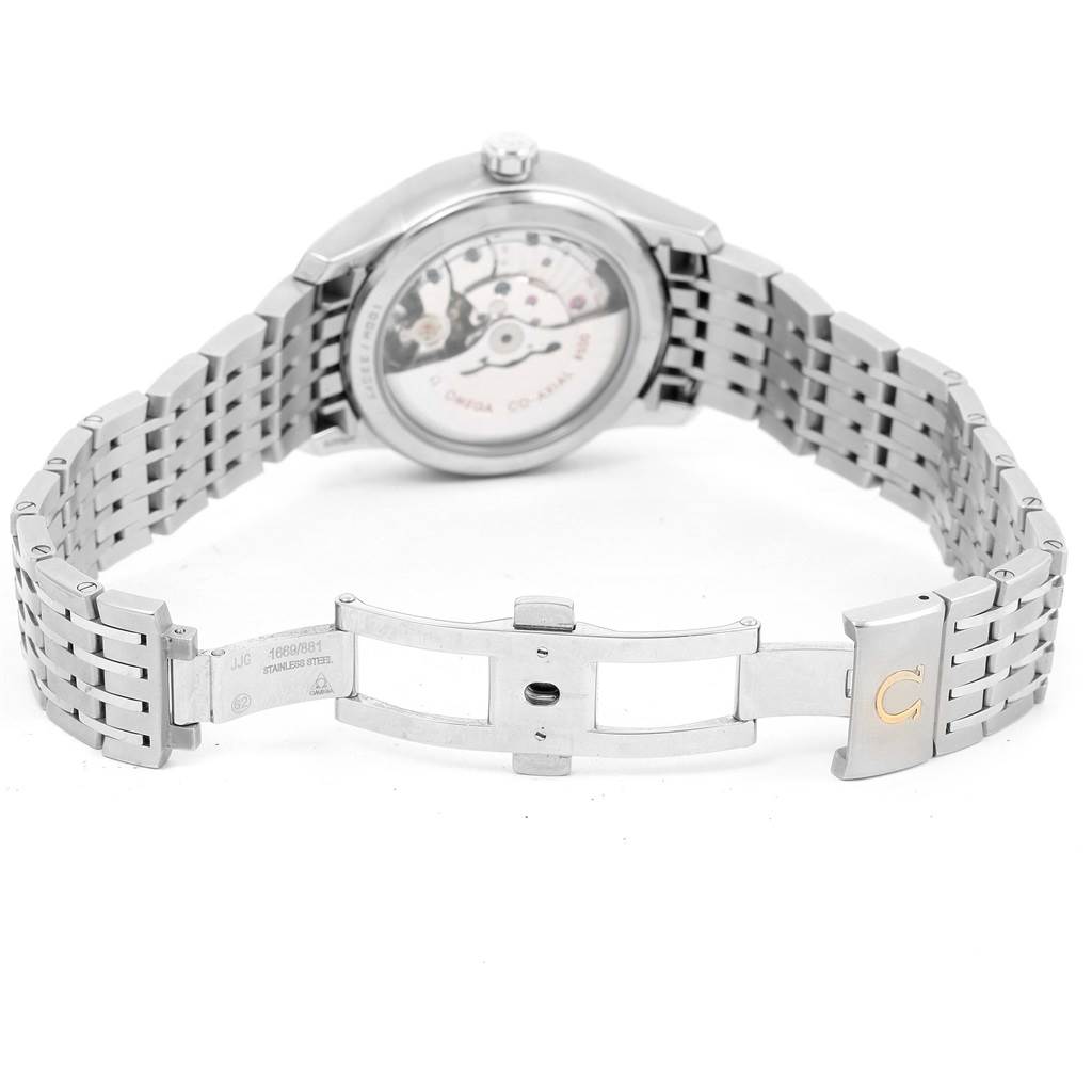 The image shows the back of an Omega De Ville 431.10.41.21.03.001 Men's Stainless Steel Blue Dial 431.10.41.21.03.001 Men's Stainless Steel Blue Dial watch, highlighting the open stainless steel bracelet and clasp.