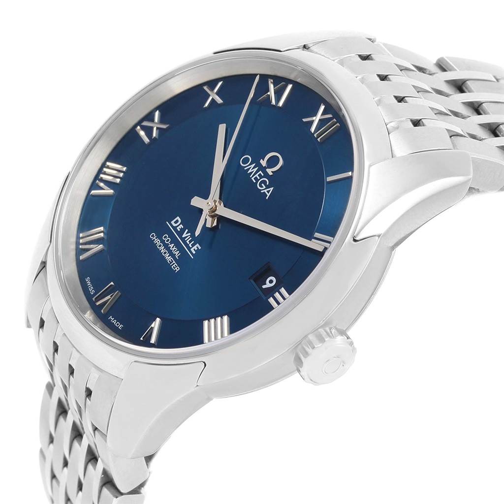 The Omega De Ville 431.10.41.21.03.001 Men's Stainless Steel Blue Dial 431.10.41.21.03.001 Men's Stainless Steel Blue Dial watch is shown at an angle highlighting its dial, crown, and part of the bracelet.
