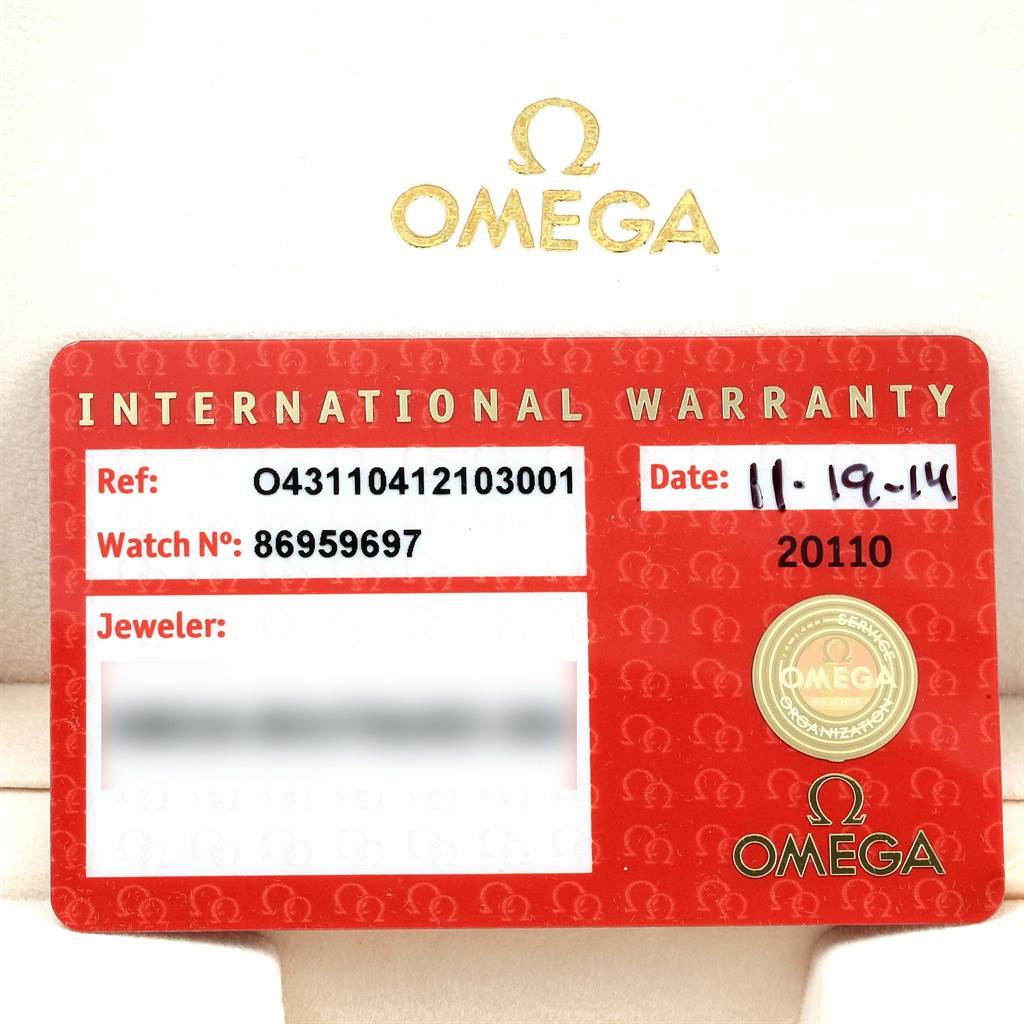 This image shows an international warranty card for an Omega De Ville 431.10.41.21.03.001 Men's Stainless Steel Blue Dial 431.10.41.21.03.001 Men's Stainless Steel Blue Dial watch, with reference and watch numbers.