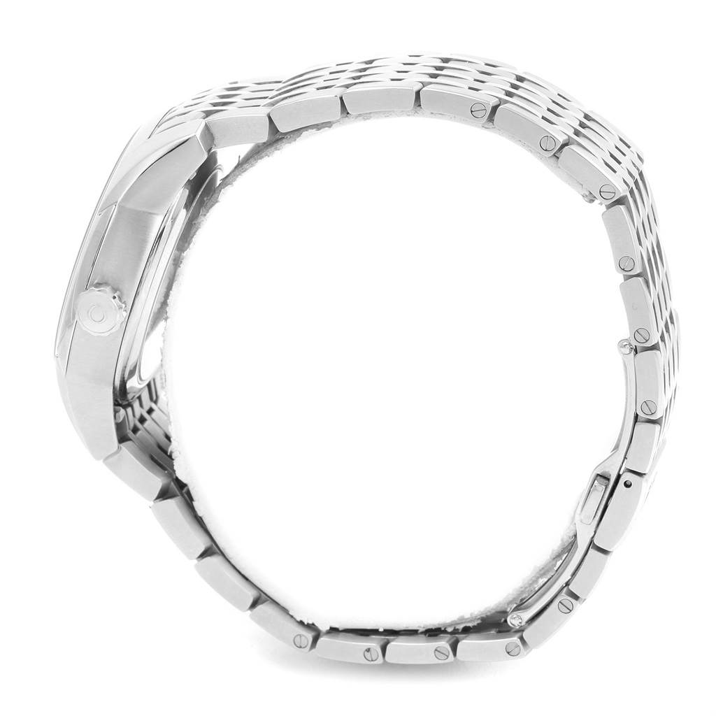 The image shows a side profile of an Omega De Ville 431.10.41.21.03.001 Men's Stainless Steel Blue Dial 431.10.41.21.03.001 Men's Stainless Steel Blue Dial watch, highlighting the case, crown, and bracelet.