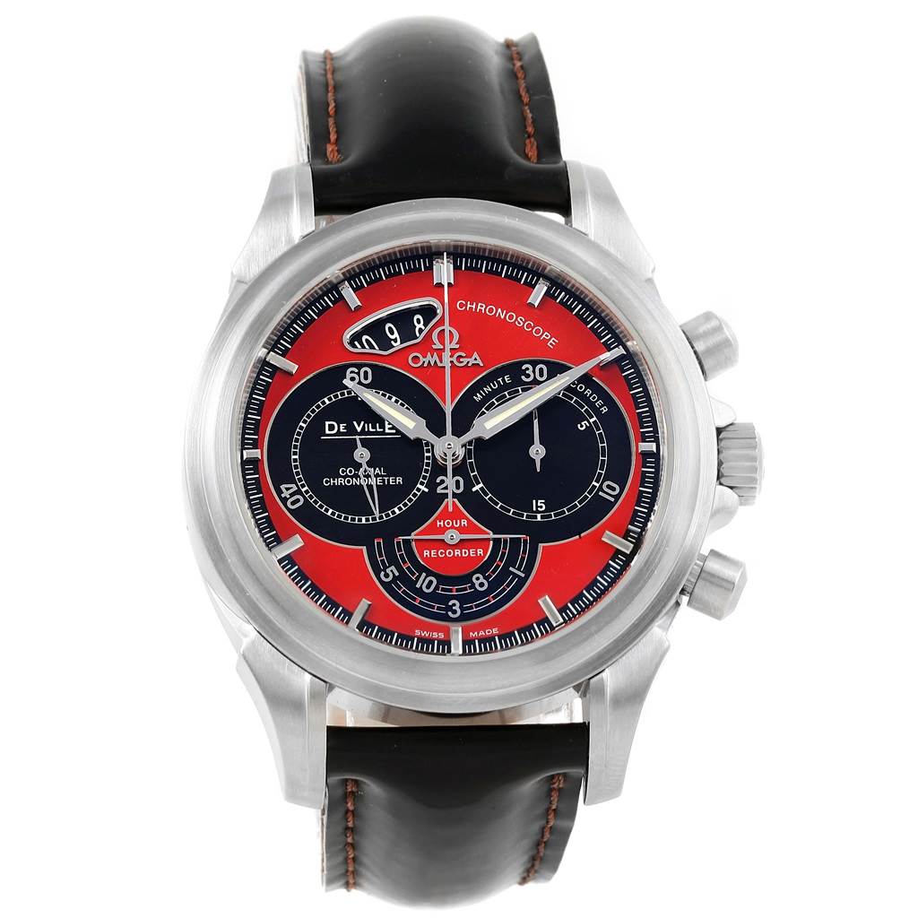 The image shows a frontal view of an Omega De Ville 4851.61.31 Men
s Stainless Steel Red Dial 4851.61.31 Men
s Stainless Steel Red Dial watch, displaying its dial, bezel, pushers, and leather strap.