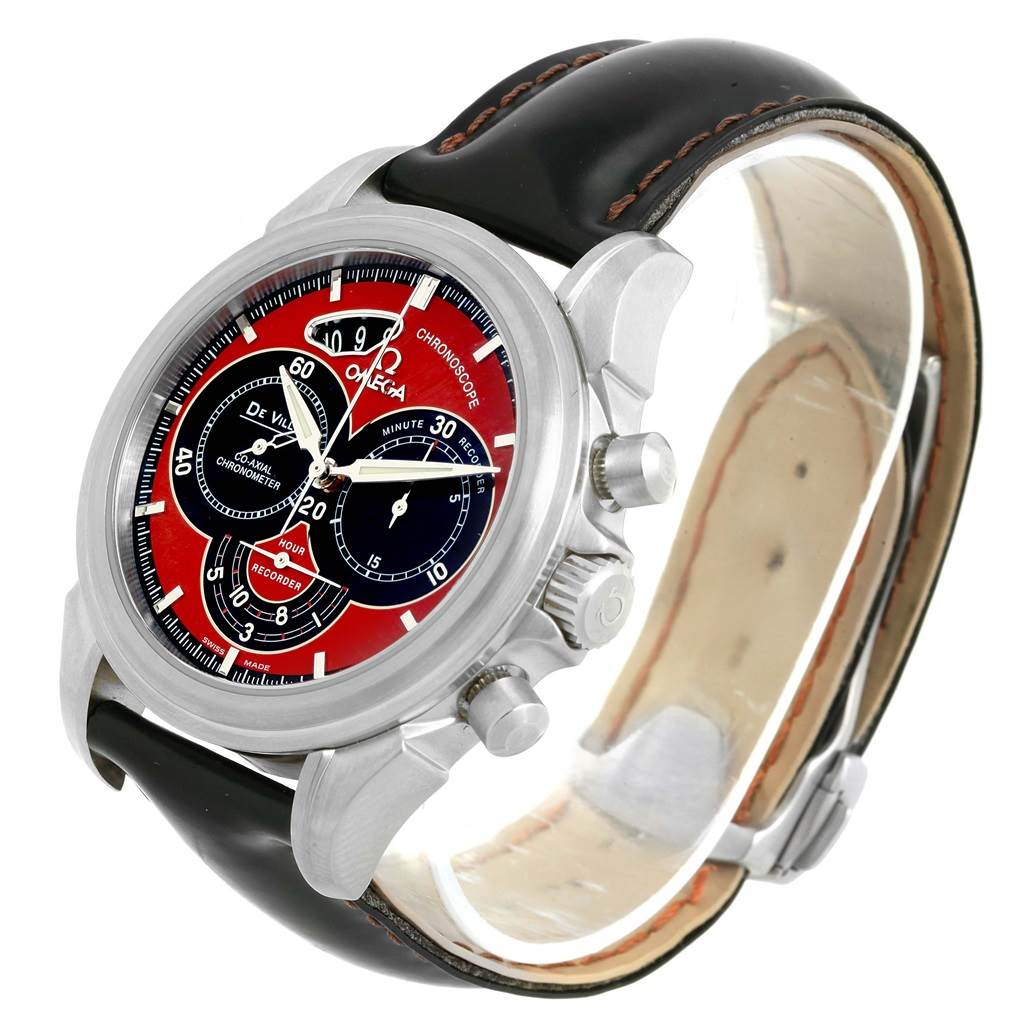 The image shows an Omega De Ville 4851.61.31 Men
s Stainless Steel Red Dial 4851.61.31 Men
s Stainless Steel Red Dial watch at an angled view, highlighting the face, side buttons, and leather strap.