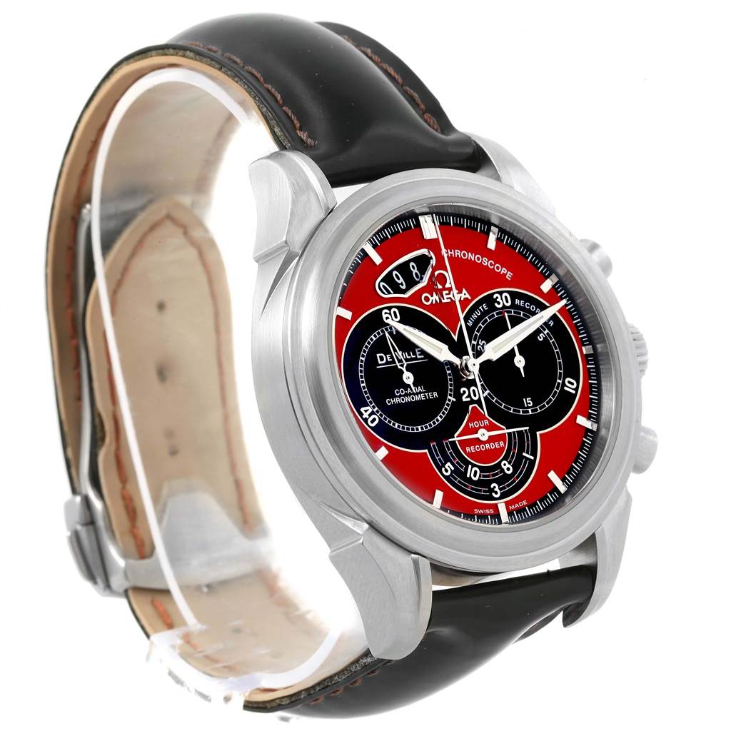 The De Ville model by Omega is shown at an angled side view, highlighting the face, bezel, case, and leather strap.