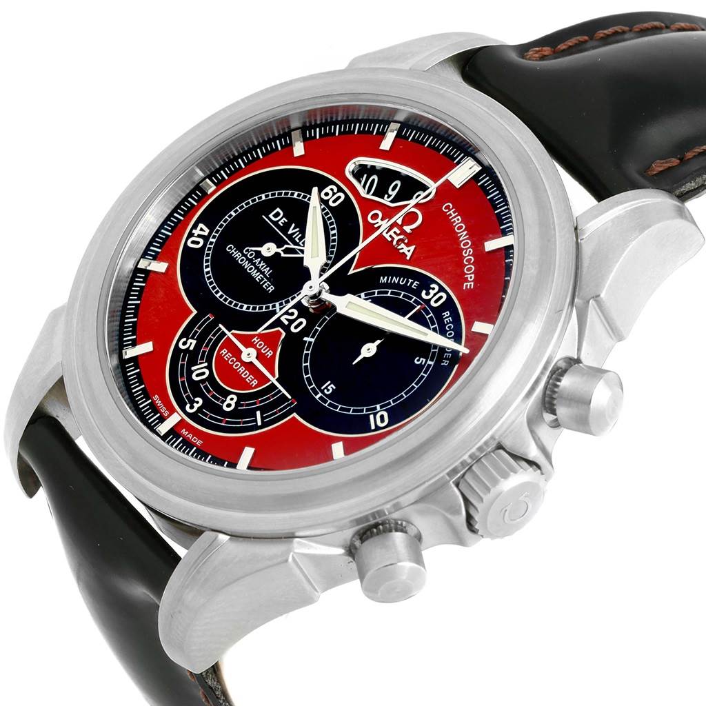 The Omega De Ville 4851.61.31 Men
s Stainless Steel Red Dial 4851.61.31 Men
s Stainless Steel Red Dial watch is shown at an angle, highlighting the dial, crown, chronograph pushers, and part of the leather strap.