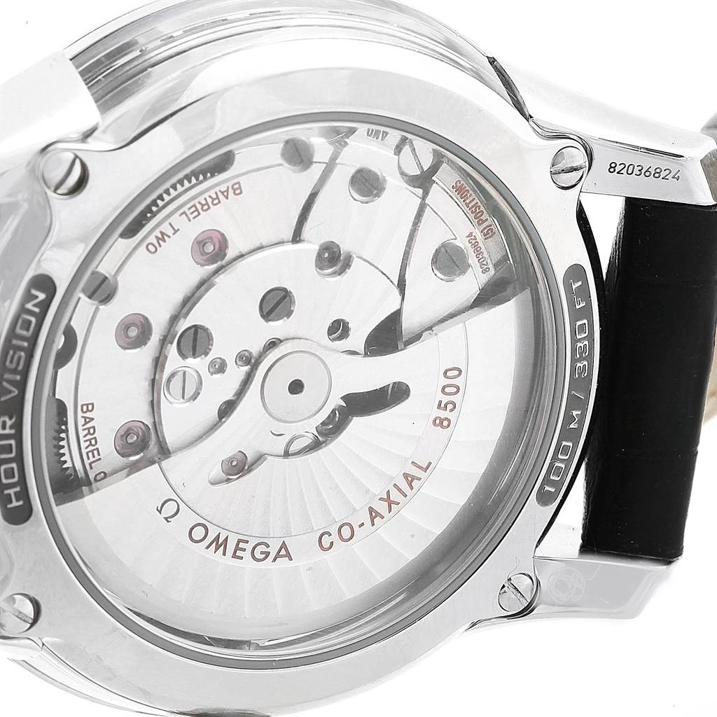 The image shows the case back of the Omega De Ville 431.33.41.21.01.001 Men's Stainless Steel Black Dial 431.33.41.21.01.001 Men's Stainless Steel Black Dial watch, highlighting the Co-Axial 8500 movement mechanism.