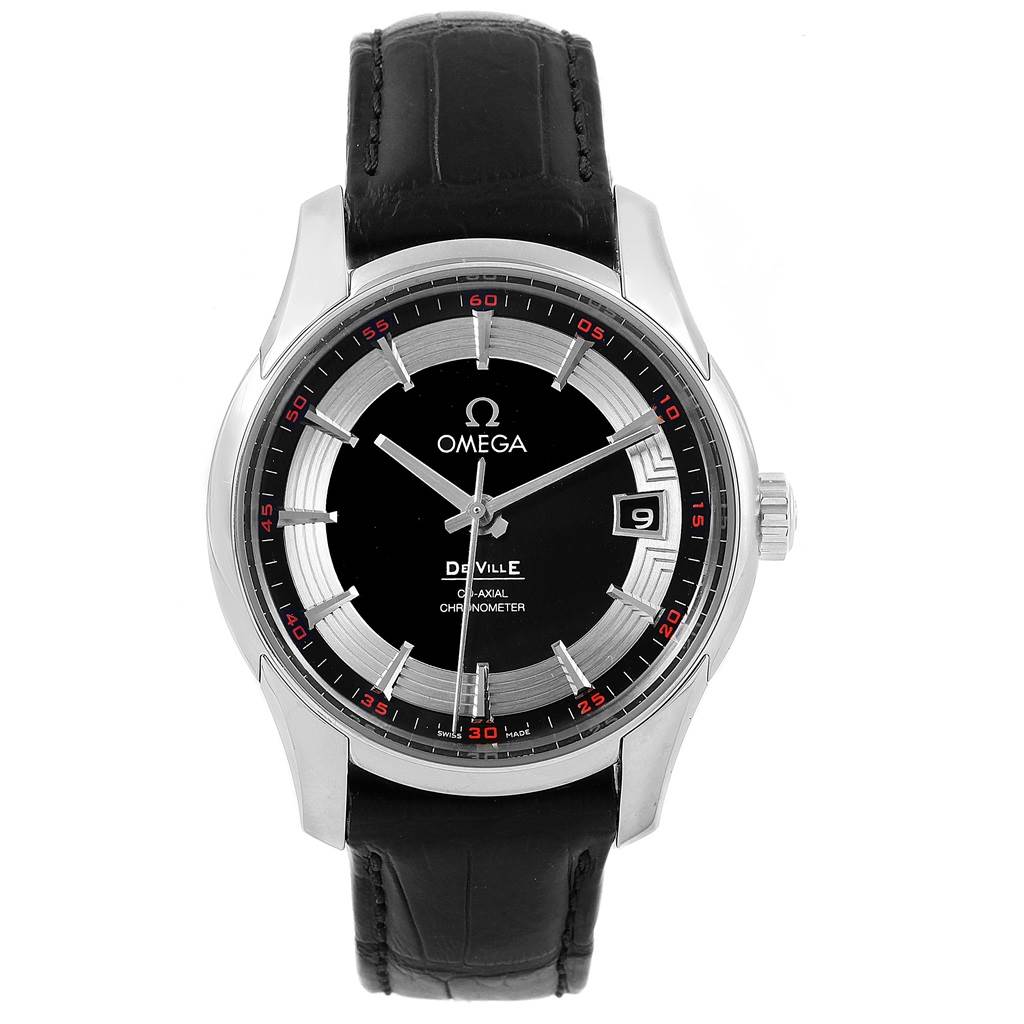 The image shows a front-facing view of an Omega De Ville 431.33.41.21.01.001 Men's Stainless Steel Black Dial 431.33.41.21.01.001 Men's Stainless Steel Black Dial watch, highlighting its dial, case, and strap.