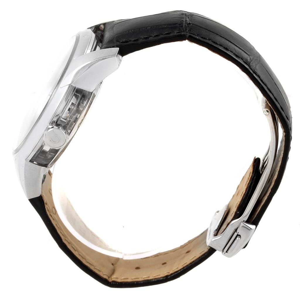 The image shows a side view of an Omega De Ville 431.33.41.21.01.001 Men's Stainless Steel Black Dial 431.33.41.21.01.001 Men's Stainless Steel Black Dial watch with a black leather strap and stainless steel case.