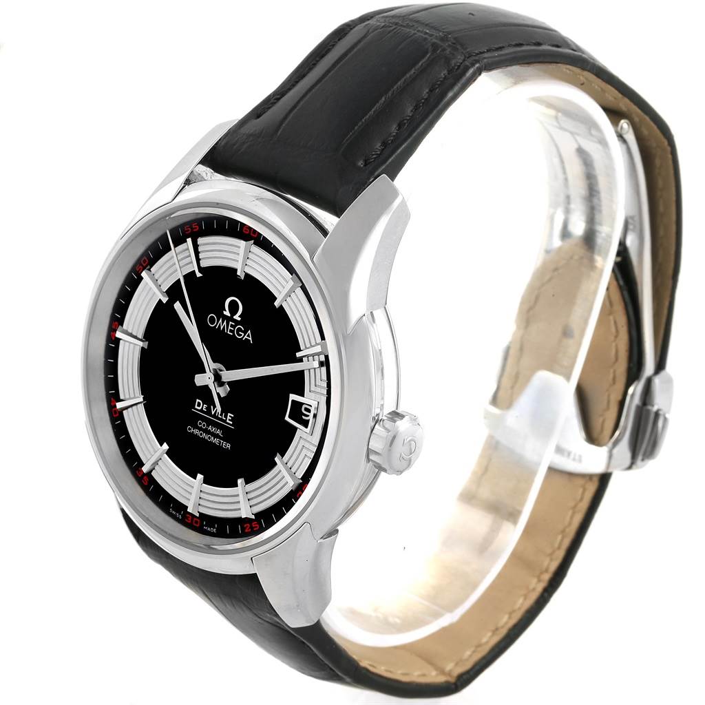 The image shows an angled view of the Omega De Ville 431.33.41.21.01.001 Men's Stainless Steel Black Dial 431.33.41.21.01.001 Men's Stainless Steel Black Dial watch, highlighting the black dial, case, crown, and leather strap.