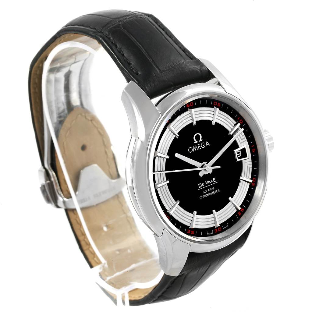 The Omega De Ville 431.33.41.21.01.001 Men's Stainless Steel Black Dial 431.33.41.21.01.001 Men's Stainless Steel Black Dial watch is shown at an angle highlighting its black dial, case, crown, and leather strap.