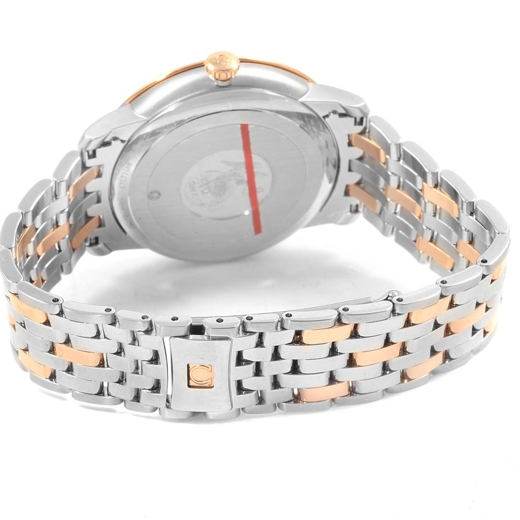 This image shows the back view of an Omega De Ville 424.20.40.20.13.001 Men's Steel and Gold (two tone) Brown Dial 424.20.40.20.13.001 Men's Steel and Gold (two tone) Brown Dial watch, highlighting its case back and two-tone metal bracelet.