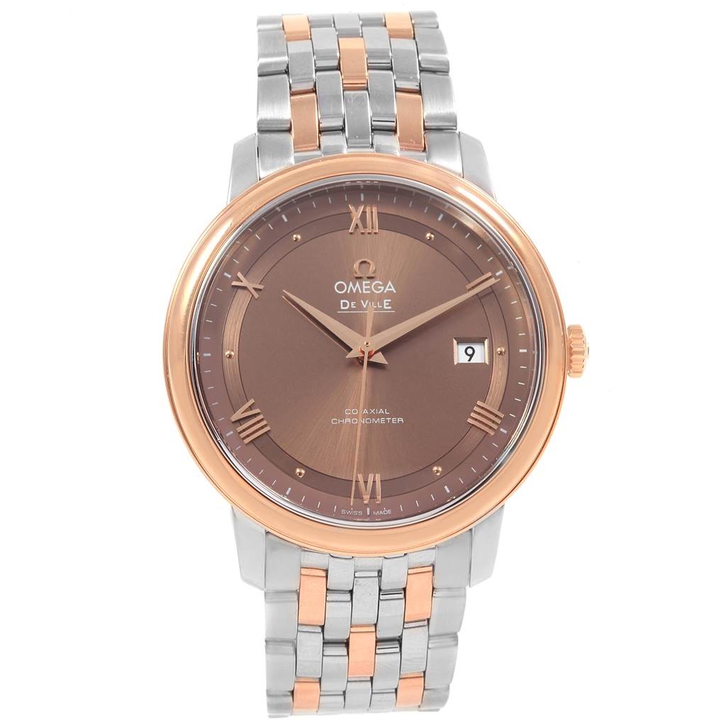 This image shows the front view of an Omega De Ville 424.20.40.20.13.001 Men's Steel and Gold (two tone) Brown Dial 424.20.40.20.13.001 Men's Steel and Gold (two tone) Brown Dial watch, highlighting the face and bracelet.