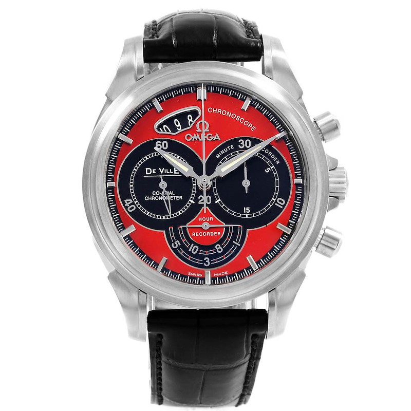 Omega DeVille Chronoscope Co-Axial Red Dial Watch 4851.61.31 Box Card SwissWatchExpo