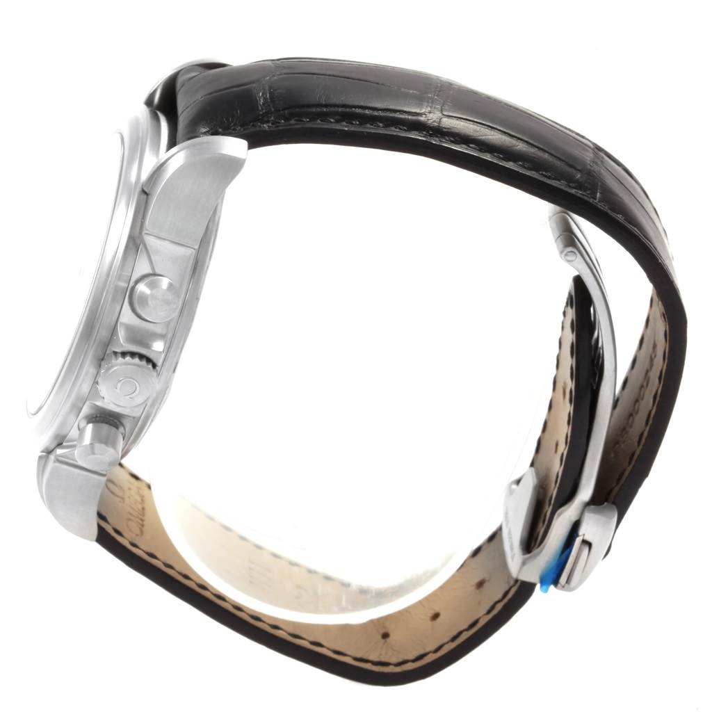 This image shows a side view of the Omega De Ville 4851.61.31 Men's Stainless Steel Red Dial 4851.61.31 Men's Stainless Steel Red Dial watch, highlighting the case, crown, pushers, and leather strap with a clasp.