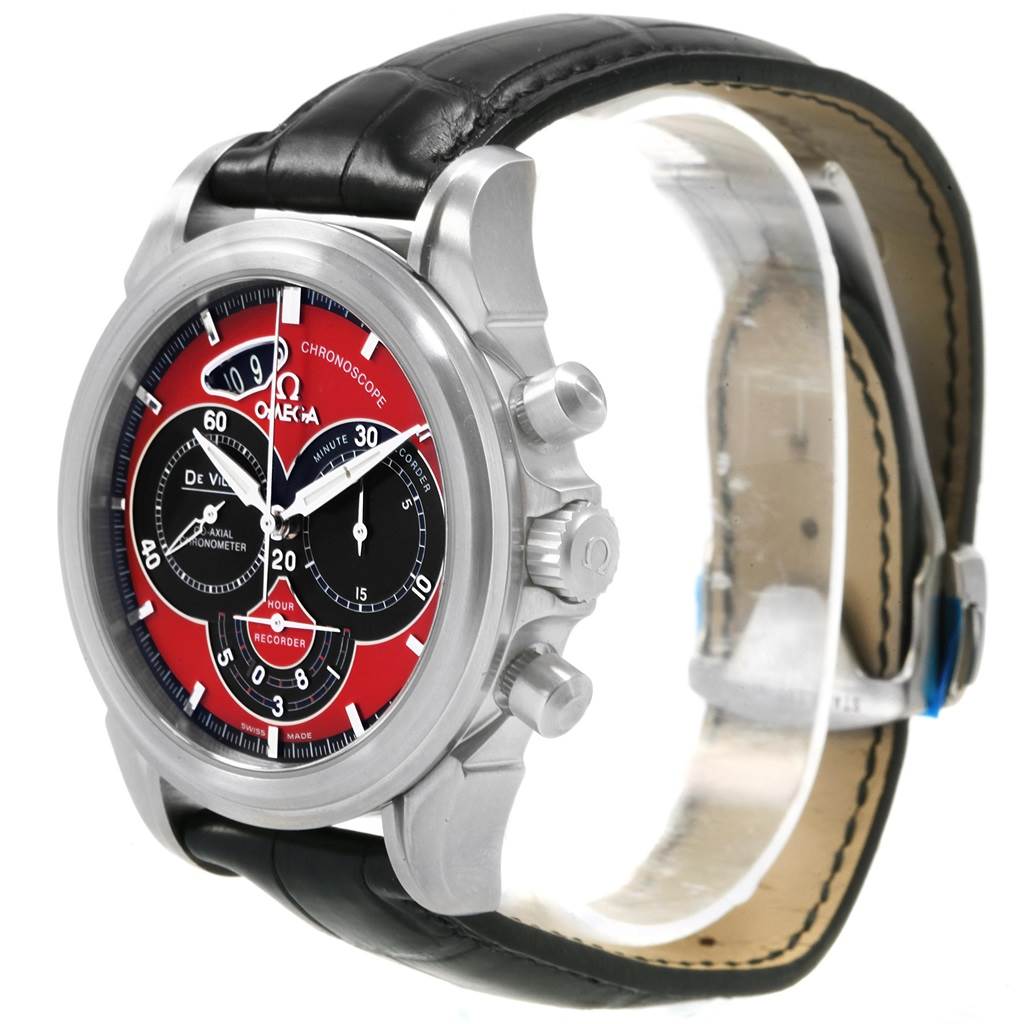 The image shows a side angle of the Omega De Ville 4851.61.31 Men's Stainless Steel Red Dial 4851.61.31 Men's Stainless Steel Red Dial watch, highlighting its face, bezel, pushers, crown, and leather strap.