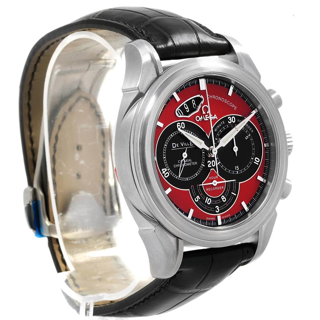 The image shows a side-angle view of an Omega De Ville 4851.61.31 Men's Stainless Steel Red Dial 4851.61.31 Men's Stainless Steel Red Dial model watch, displaying its face, case, and leather strap.