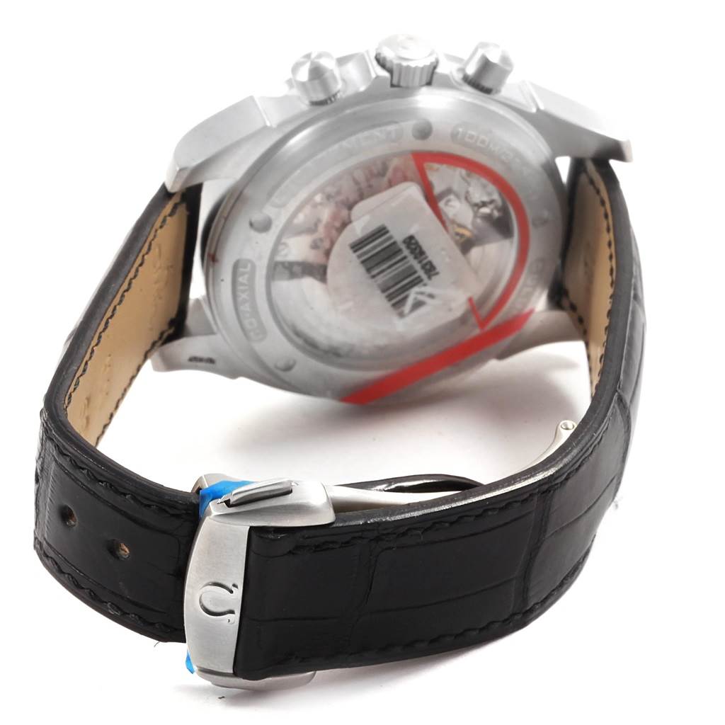 The image shows the back case and strap of the Omega De Ville 4851.61.31 Men's Stainless Steel Red Dial 4851.61.31 Men's Stainless Steel Red Dial watch, highlighting the movement and leather band with clasp.