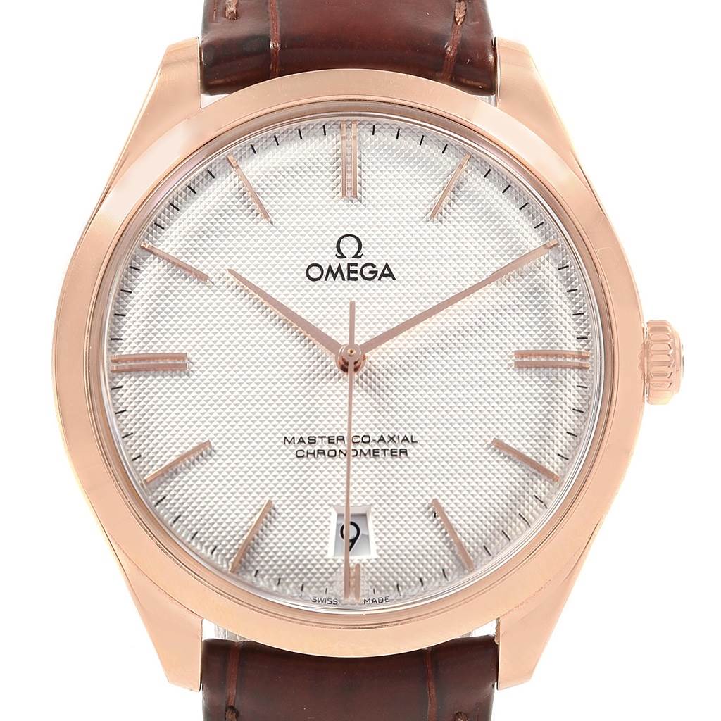 The image shows a front view of the Omega De Ville 432.53.40.21.02.002 Men's Rose Gold Silver Dial 432.53.40.21.02.002 Men's Rose Gold Silver Dial watch featuring its dial, bezel, crown, and leather strap.