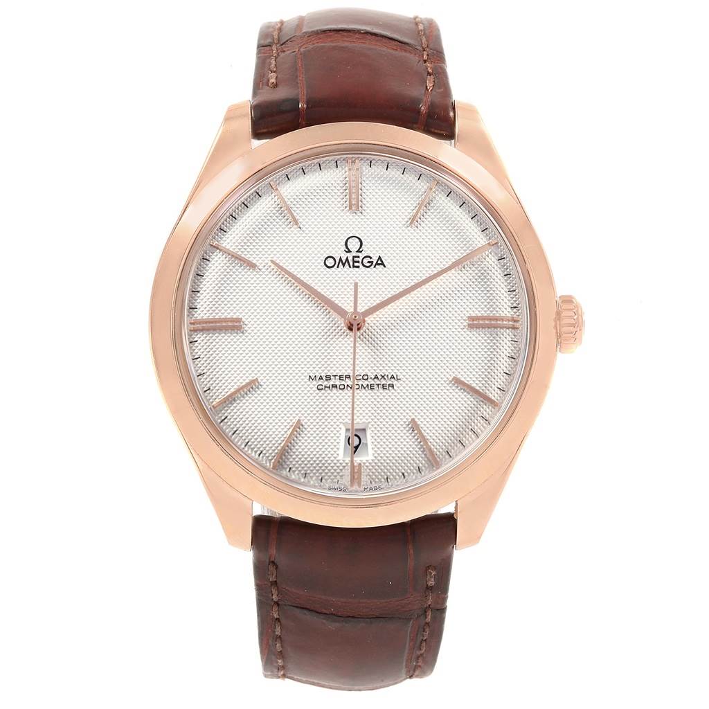 The image shows a front view of an Omega De Ville 432.53.40.21.02.002 Men's Rose Gold Silver Dial 432.53.40.21.02.002 Men's Rose Gold Silver Dial watch with a brown leather strap and a rose gold case.