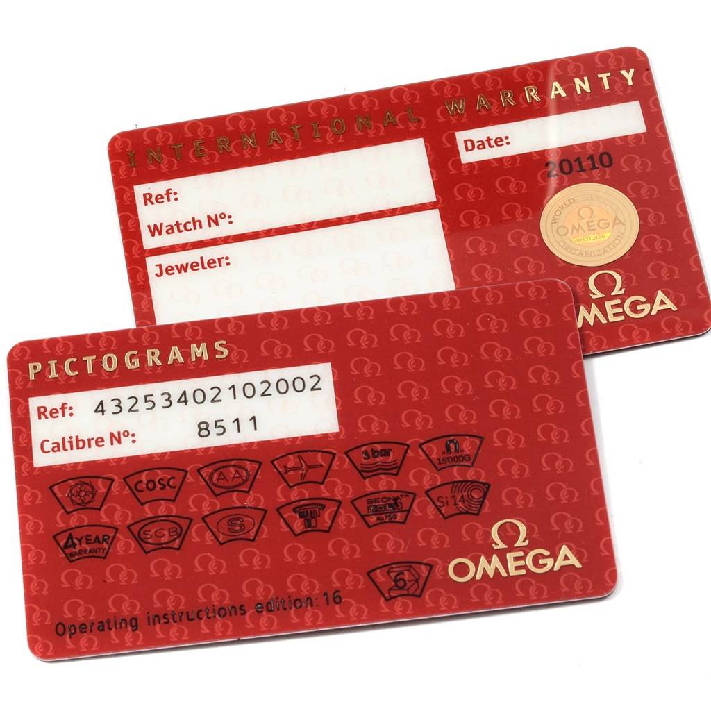 The image shows International Warranty and Pictograms cards for the Omega De Ville 432.53.40.21.02.002 Men's Rose Gold Silver Dial 432.53.40.21.02.002 Men's Rose Gold Silver Dial model.