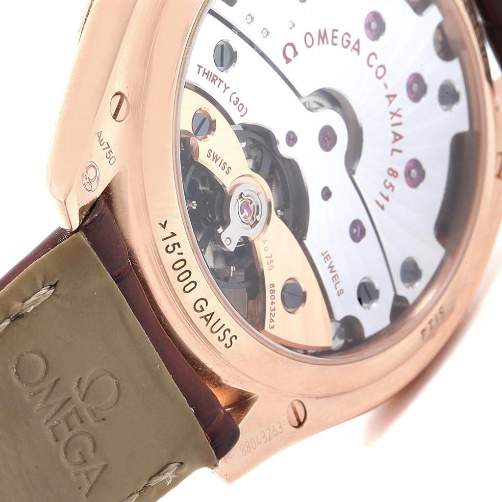 This image shows the back view of an Omega De Ville 432.53.40.21.02.002 Men's Rose Gold Silver Dial 432.53.40.21.02.002 Men's Rose Gold Silver Dial watch, highlighting the movement mechanism and part of the leather strap.