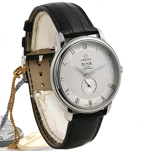 The image shows a front and slightly angled view of an Omega De Ville 48133001 OR 4813.   30.   01 Men's Stainless Steel Silver Dial 48133001 OR 4813.   30.   01 Men's Stainless Steel Silver Dial watch, displaying its face, bezel, and black leather strap.