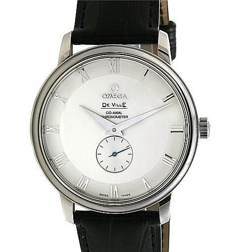 This image shows the front view of an Omega De Ville watch, highlighting its dial, hands, Roman numeral markers, and leather strap.