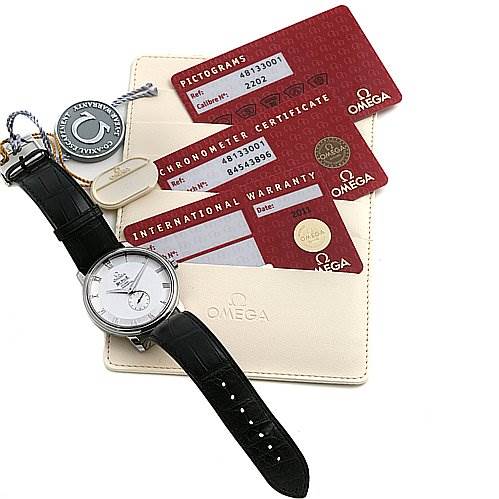 The image shows an Omega De Ville 48133001 OR 4813.   30.   01 Men's Stainless Steel Silver Dial 48133001 OR 4813.   30.   01 Men's Stainless Steel Silver Dial watch at an angle, with a leather strap, placed on top of warranty cards and a case.