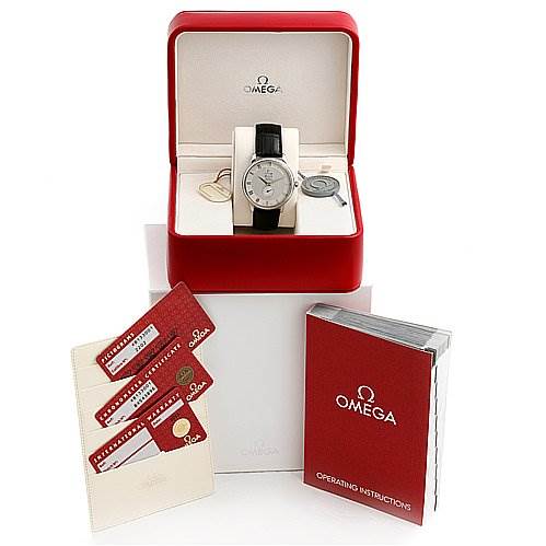 The Omega De Ville 48133001 OR 4813.   30.   01 Men's Stainless Steel Silver Dial 48133001 OR 4813.   30.   01 Men's Stainless Steel Silver Dial watch is displayed in an open box, surrounded by warranty cards and operating instructions.