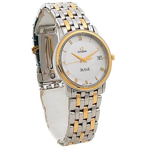 The image shows an Omega De Ville 43103200 OR 4310.   32.   00 Men's Yellow Gold White Dial 43103200 OR 4310.   32.   00 Men's Yellow Gold White Dial watch viewed from a 3/4 angle, highlighting its two-tone bracelet, dial, and clasp.