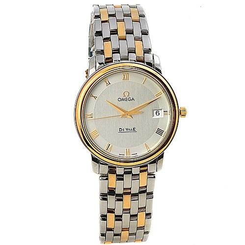 The image shows a front view of an Omega De Ville 43103200 OR 4310.   32.   00 Men's Yellow Gold White Dial 43103200 OR 4310.   32.   00 Men's Yellow Gold White Dial watch with a bi-color metal bracelet, Roman numeral indices, and a date window at 3 o'clock.