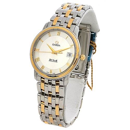 This image shows an angled front view of the Omega De Ville 43103200 OR 4310.   32.   00 Men's Yellow Gold White Dial 43103200 OR 4310.   32.   00 Men's Yellow Gold White Dial watch, highlighting its face, bezel, and two-tone bracelet.