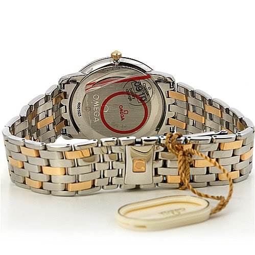 The image shows the back view of an Omega De Ville 43103200 OR 4310.   32.   00 Men's Yellow Gold White Dial 43103200 OR 4310.   32.   00 Men's Yellow Gold White Dial watch, highlighting the case back and two-tone bracelet.