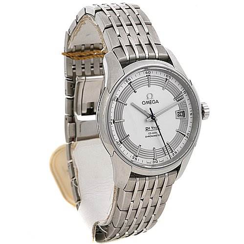 The Omega De Ville 43130412102001 OR 431.   30.   41.   21.   02.   001 Men's Stainless Steel Silver Dial 43130412102001 OR 431.   30.   41.   21.   02.   001 Men's Stainless Steel Silver Dial watch is shown at a three-quarter angle, displaying the face, bracelet, crown, and deployment clasp.