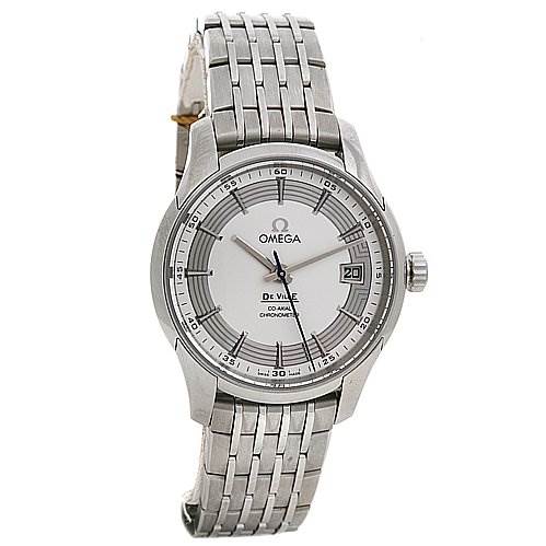 The image shows a front view of an Omega De Ville 43130412102001 OR 431.   30.   41.   21.   02.   001 Men's Stainless Steel Silver Dial 43130412102001 OR 431.   30.   41.   21.   02.   001 Men's Stainless Steel Silver Dial watch, highlighting the dial, bracelet, crown, and date display.