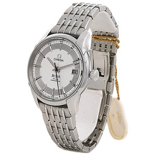 This Omega De Ville 43130412102001 OR 431.   30.   41.   21.   02.   001 Men's Stainless Steel Silver Dial 43130412102001 OR 431.   30.   41.   21.   02.   001 Men's Stainless Steel Silver Dial watch is displayed at a slight angle, showing the face, bezel, crown, and part of the metal bracelet.