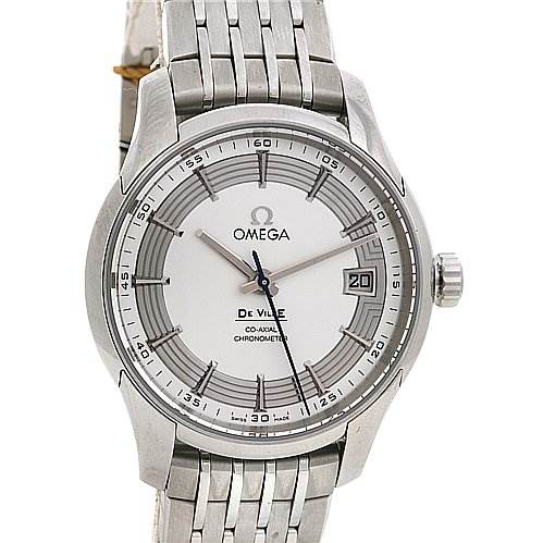 The image shows a front view of the Omega De Ville 43130412102001 OR 431.   30.   41.   21.   02.   001 Men's Stainless Steel Silver Dial 43130412102001 OR 431.   30.   41.   21.   02.   001 Men's Stainless Steel Silver Dial watch, highlighting the dial, hands, date window, and metal bracelet.