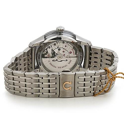 The image shows the back view of the Omega De Ville 43130412102001 OR 431.   30.   41.   21.   02.   001 Men's Stainless Steel Silver Dial 43130412102001 OR 431.   30.   41.   21.   02.   001 Men's Stainless Steel Silver Dial watch, highlighting its visible movement and stainless steel bracelet.