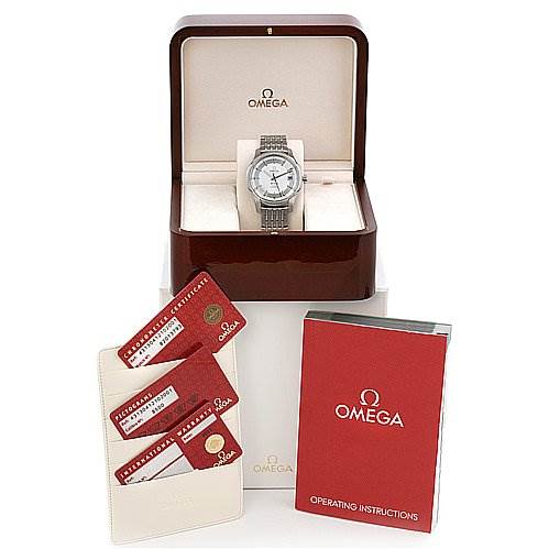 The Omega De Ville 43130412102001 OR 431.   30.   41.   21.   02.   001 Men's Stainless Steel Silver Dial 43130412102001 OR 431.   30.   41.   21.   02.   001 Men's Stainless Steel Silver Dial watch is displayed in its open box, along with its operating instructions and certificates.