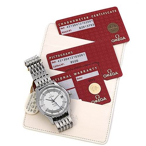 The image shows an Omega De Ville 43130412102001 OR 431.   30.   41.   21.   02.   001 Men's Stainless Steel Silver Dial 43130412102001 OR 431.   30.   41.   21.   02.   001 Men's Stainless Steel Silver Dial watch at an angled view, alongside a leather wallet holding warranty and certificate cards.