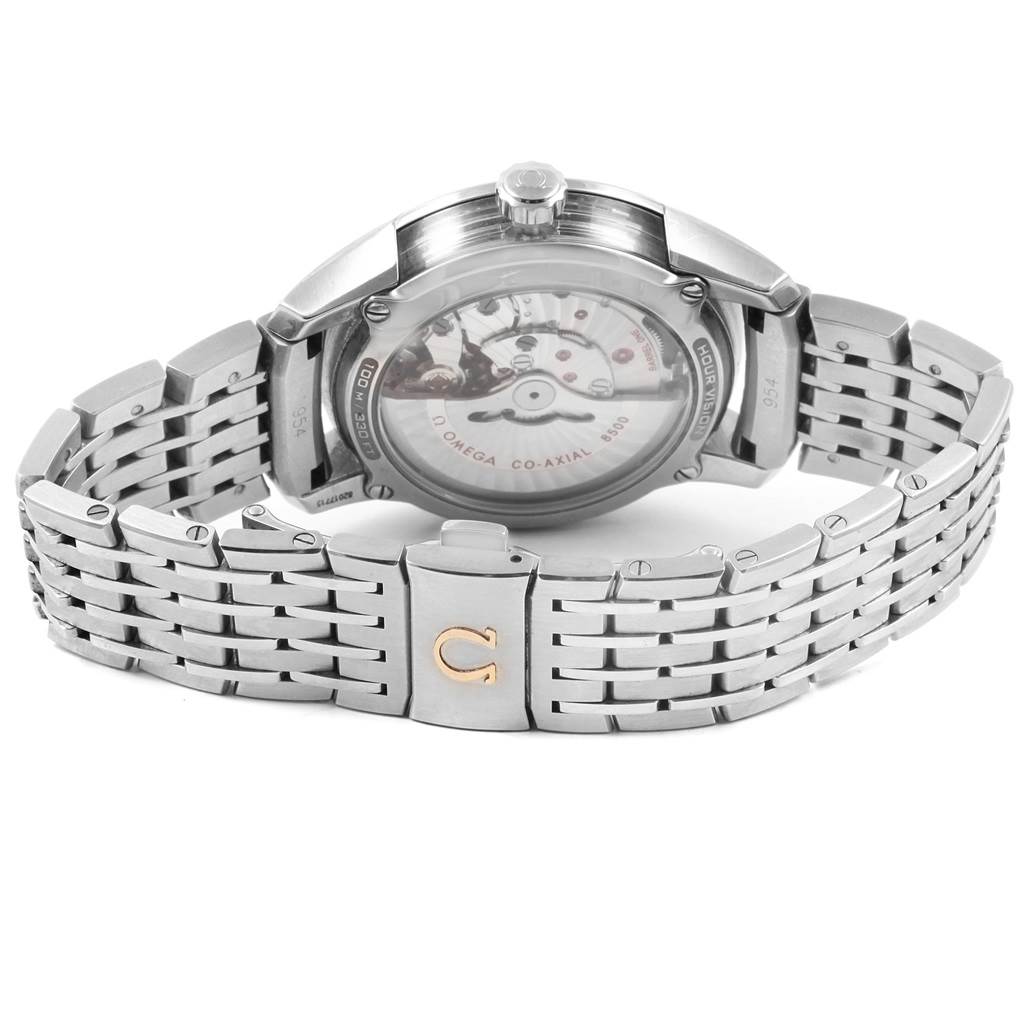 The image shows the back and bracelet of the Omega De Ville 431.30.41.21.01.001 Men
s Stainless Steel Black Dial 431.30.41.21.01.001 Men
s Stainless Steel Black Dial watch, highlighting the transparent case back and the metal band.