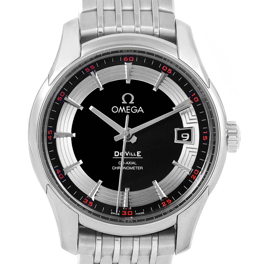 This image shows a front view of the Omega De Ville 431.30.41.21.01.001 Men
s Stainless Steel Black Dial 431.30.41.21.01.001 Men
s Stainless Steel Black Dial watch, including the face, hands, bezel, crown, and partial bracelet.
