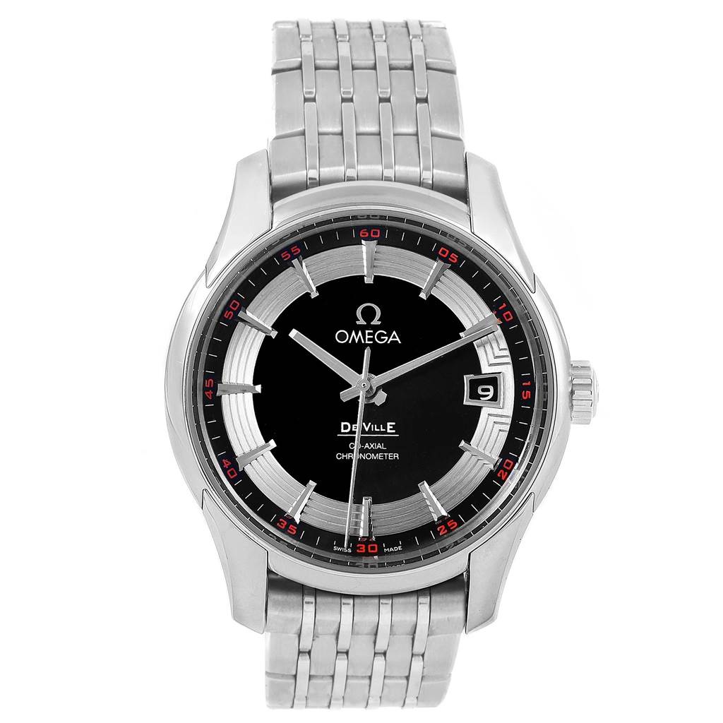 The image shows a frontal view of the Omega De Ville 431.30.41.21.01.001 Men
s Stainless Steel Black Dial 431.30.41.21.01.001 Men
s Stainless Steel Black Dial watch, capturing the dial, hands, date display, and bracelet.