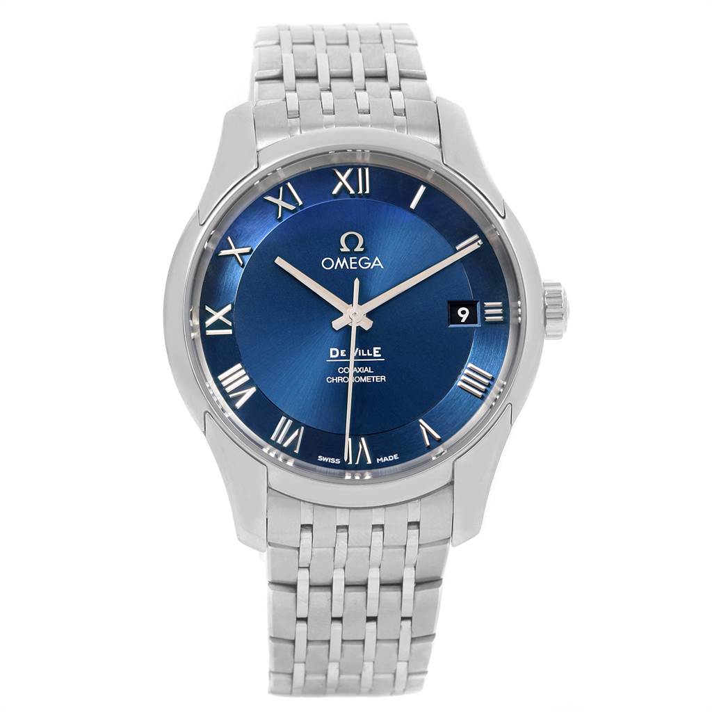 The Omega De Ville 431.10.41.21.03.001 Men's Stainless Steel Blue Dial 431.10.41.21.03.001 Men's Stainless Steel Blue Dial watch is shown from a straight-on angle, displaying its blue dial, date window, and stainless steel bracelet.