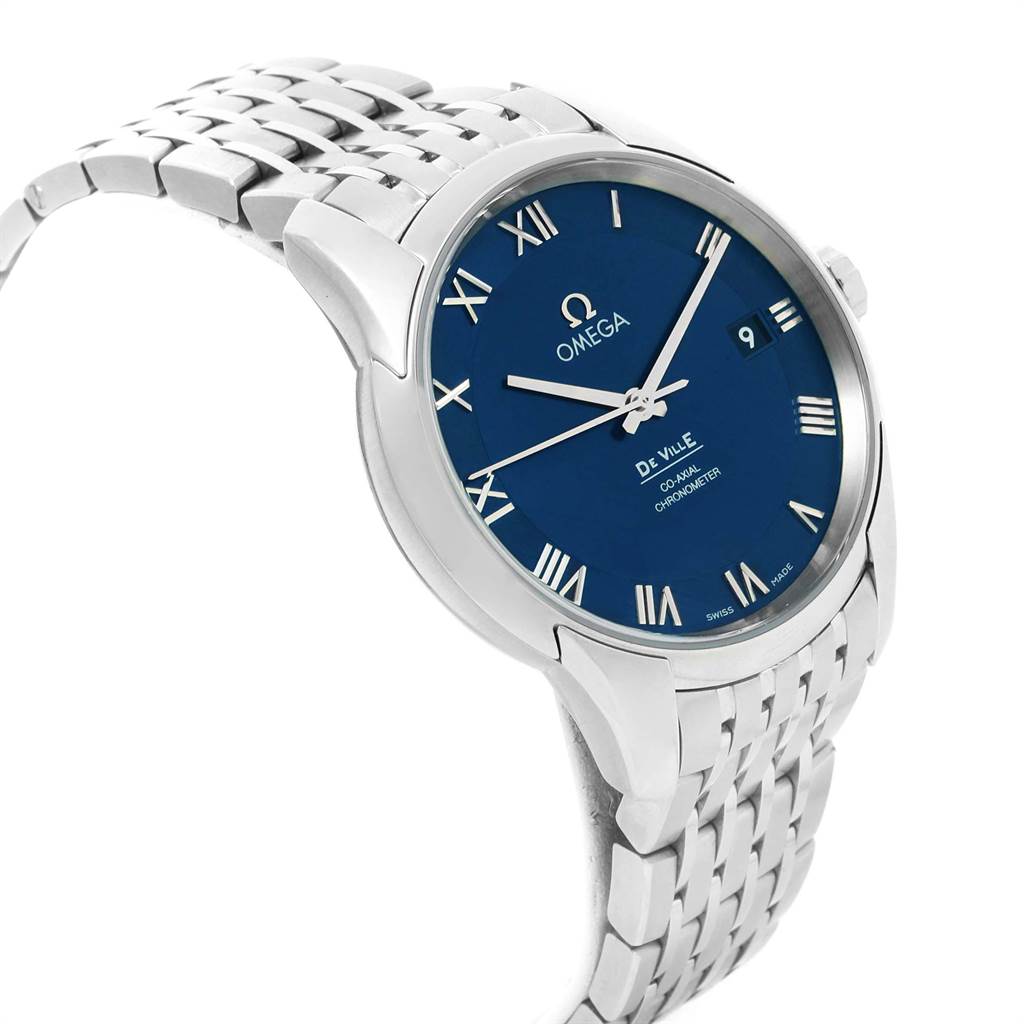 This image shows an Omega De Ville 431.10.41.21.03.001 Men's Stainless Steel Blue Dial 431.10.41.21.03.001 Men's Stainless Steel Blue Dial watch angled to display its blue dial, Roman numerals, and metal bracelet.