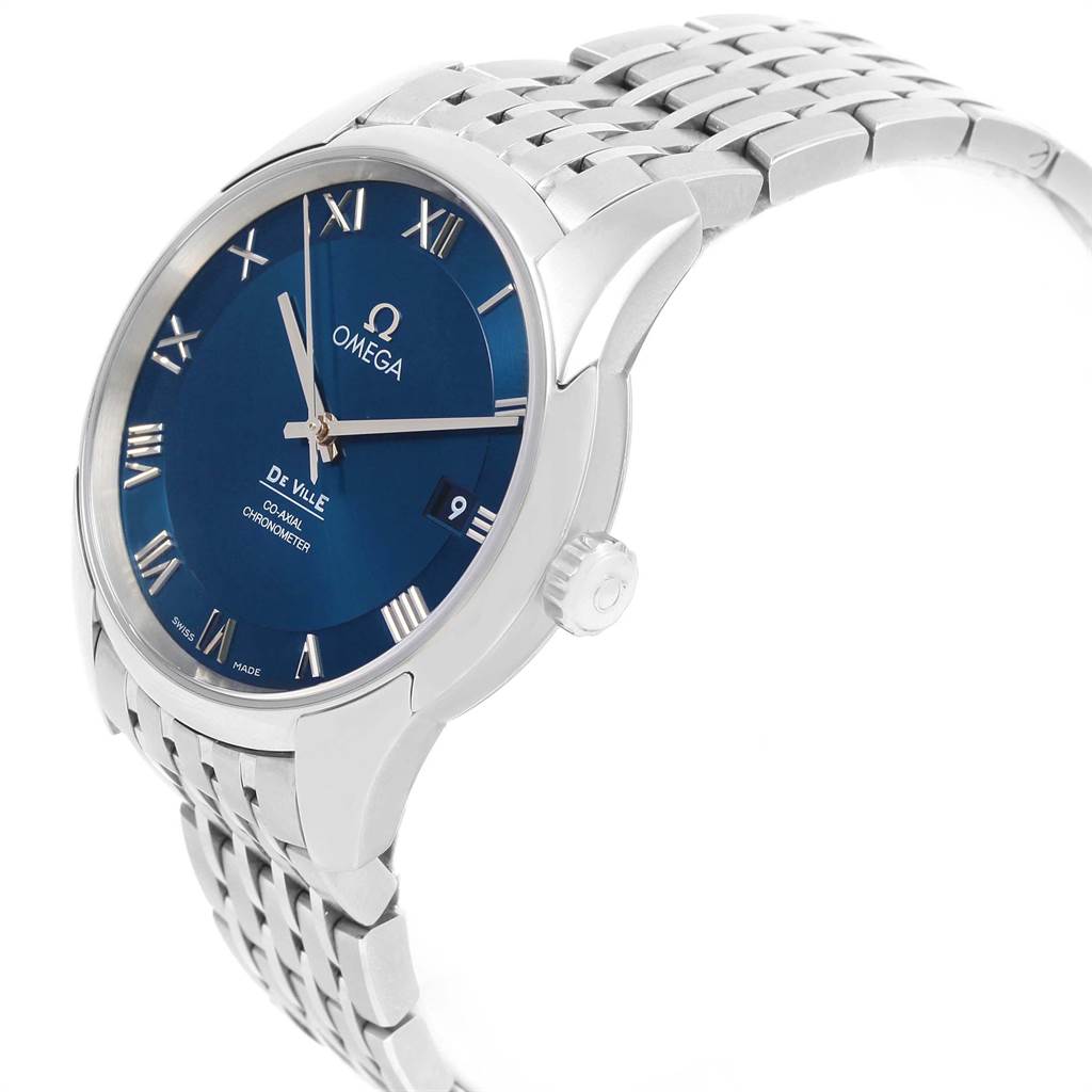 The image shows a side angle of the Omega De Ville 431.10.41.21.03.001 Men's Stainless Steel Blue Dial 431.10.41.21.03.001 Men's Stainless Steel Blue Dial watch, featuring a blue dial, Roman numerals, and a metal bracelet.