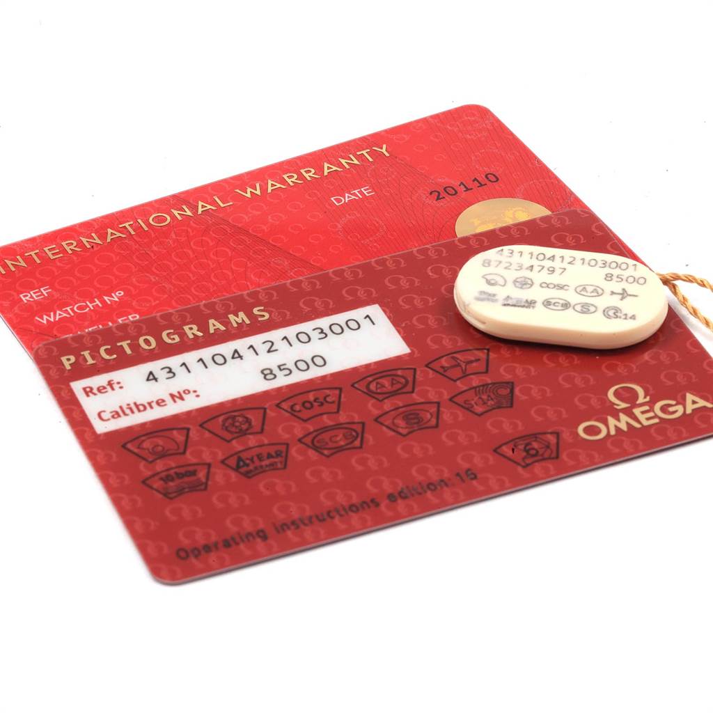 The image shows the International Warranty card and Pictograms card for the Omega De Ville 431.10.41.21.03.001 Men's Stainless Steel Blue Dial 431.10.41.21.03.001 Men's Stainless Steel Blue Dial model.