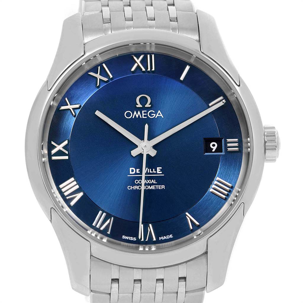 This image shows a front view of an Omega De Ville 431.10.41.21.03.001 Men's Stainless Steel Blue Dial 431.10.41.21.03.001 Men's Stainless Steel Blue Dial watch with a blue dial, Roman numerals, and a date window at 3 o'clock.