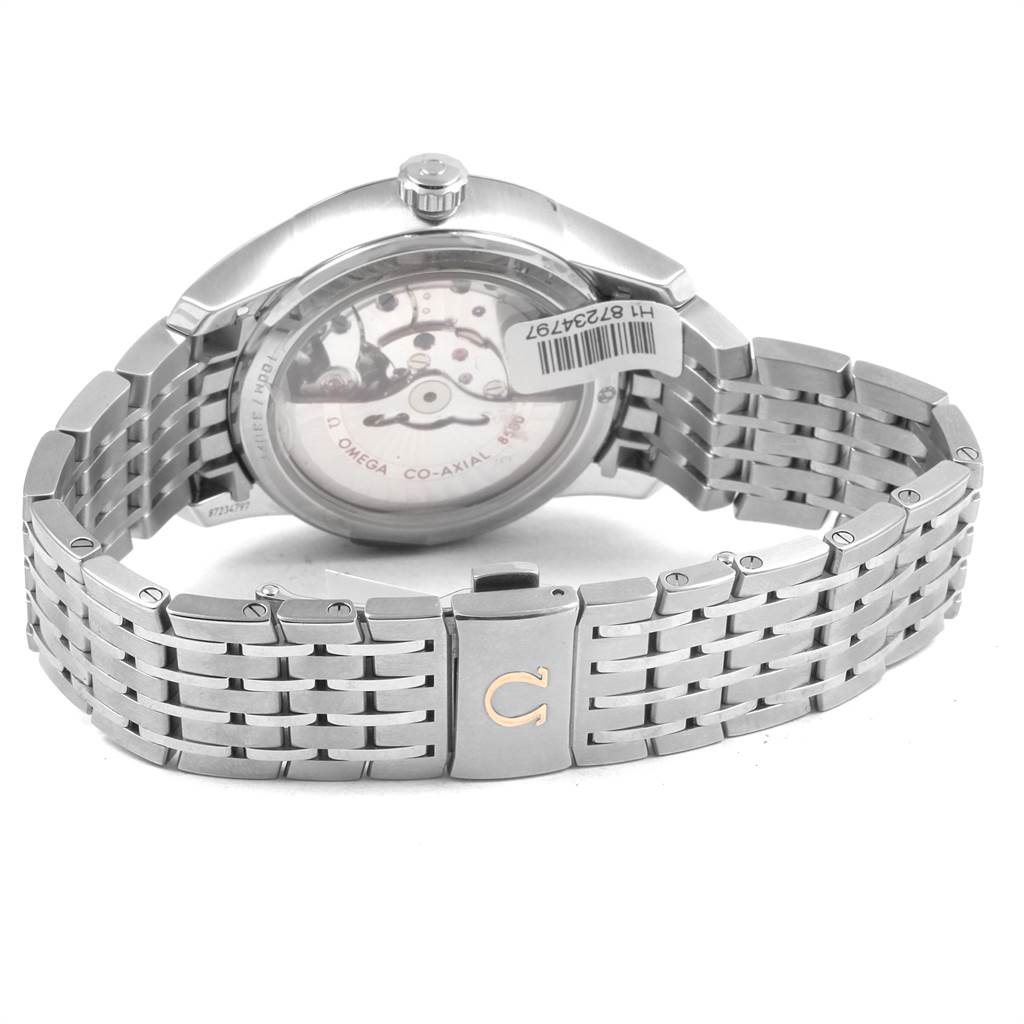 The image shows the back view of an Omega De Ville 431.10.41.21.03.001 Men's Stainless Steel Blue Dial 431.10.41.21.03.001 Men's Stainless Steel Blue Dial watch, highlighting the movement and metal bracelet with clasp.