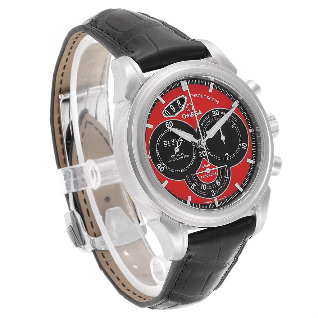 The image shows a side angle of an Omega De Ville 4851.61.31 Men's Stainless Steel Red Dial 4851.61.31 Men's Stainless Steel Red Dial watch, highlighting its black leather strap and red, black, and silver dial.