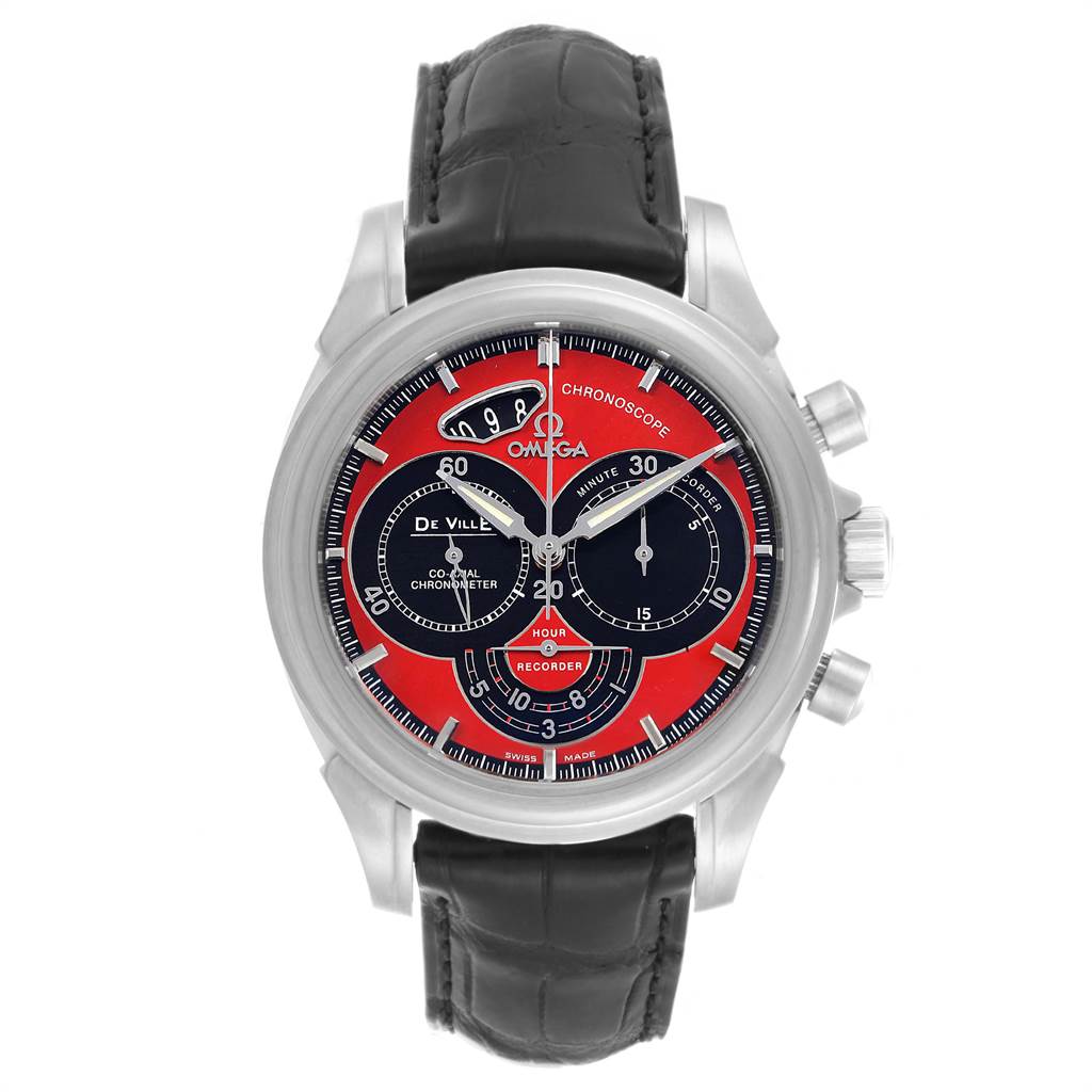 The image shows a front view of the Omega De Ville 4851.61.31 Men's Stainless Steel Red Dial 4851.61.31 Men's Stainless Steel Red Dial model watch, highlighting its dial, bezel, crown, and pushers.